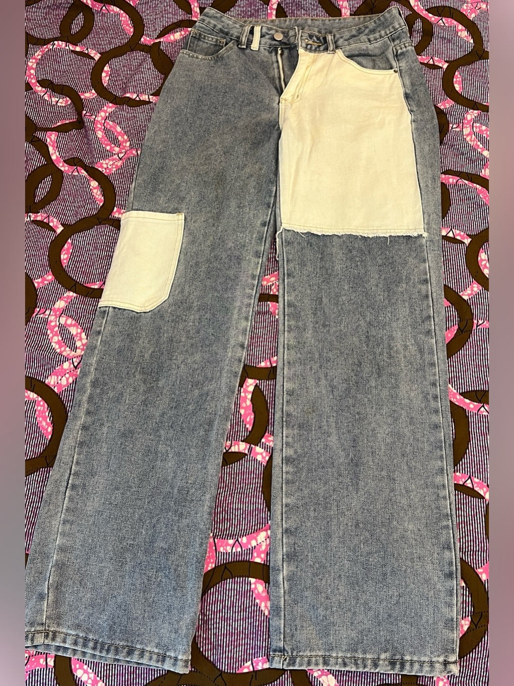 Two-Tone Panel Wide Leg Jeans - Light Blue & Cream